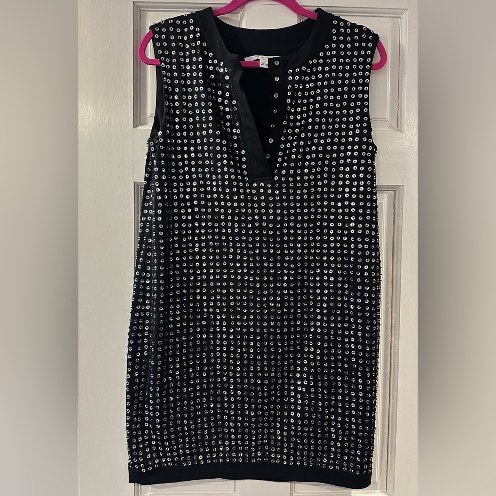 Diane von Furstenberg Black Sequin Studded V-Neck Top